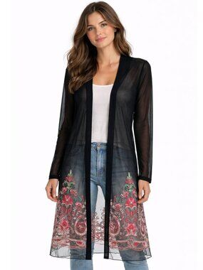 Sacred Threads NWOT Sheer Embroidered Floral Open Cardigan Black Womens One Size